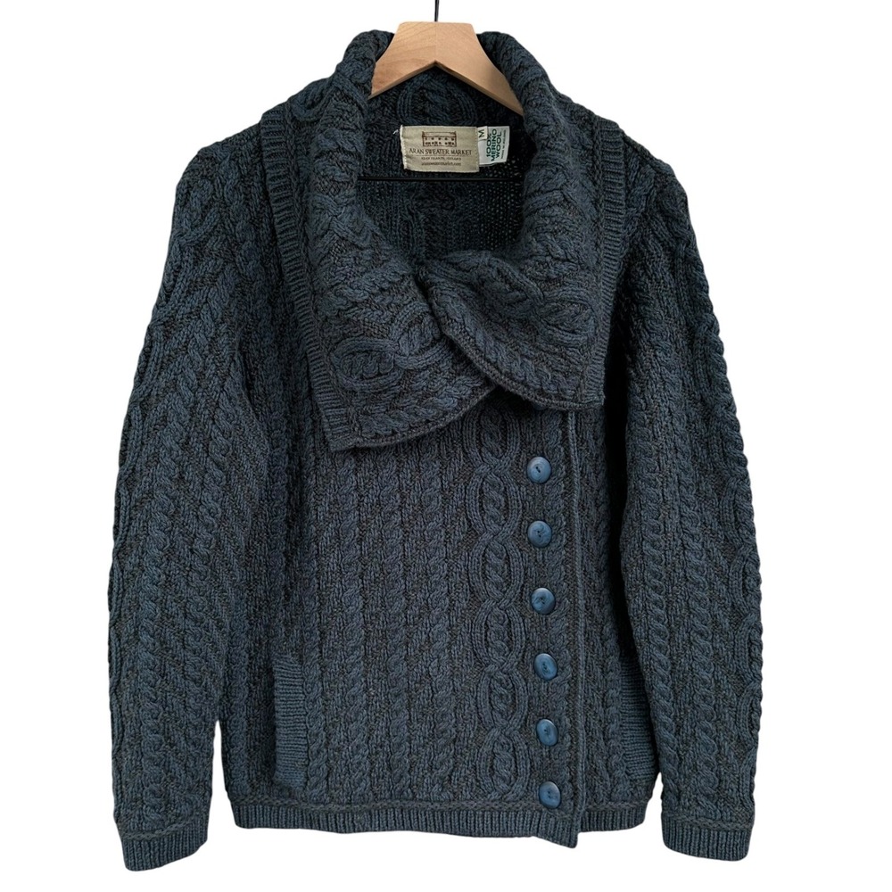 Aran Sweater Market 100% Merino Wool Cable Knit Cardigan Blue & Gray Size Medium